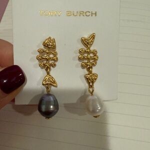 Tory Burch Gold and Pearl Fish bone Drop Earrings